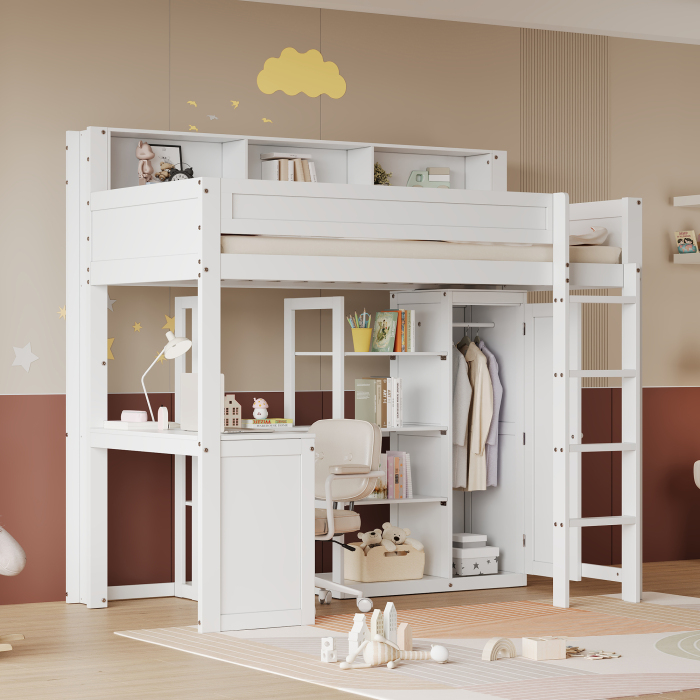 Litera 90x200cm con mesa y armario con almacenaje madera – blanco