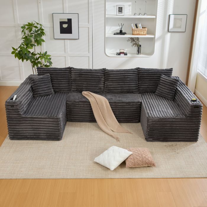 Sofá en u modular de pana gris oscuro 4 plazas con portavasos y cojines