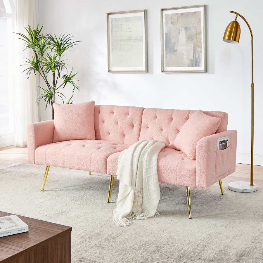 Sofá 2 plazas teddy rosa con respaldo ajustable y 2 cojines