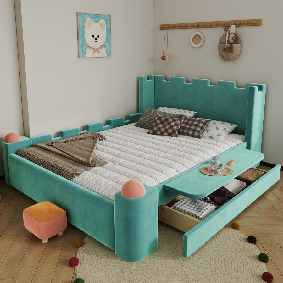 Cama tapizada 140x200cm con bandeja plegable y cajón verde