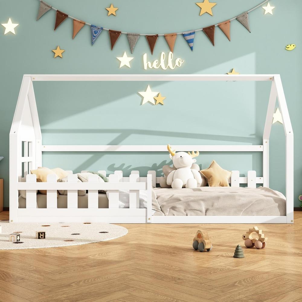 Cama infantil tipo casa 90x200cm, cama baja, somier incluido, blanco