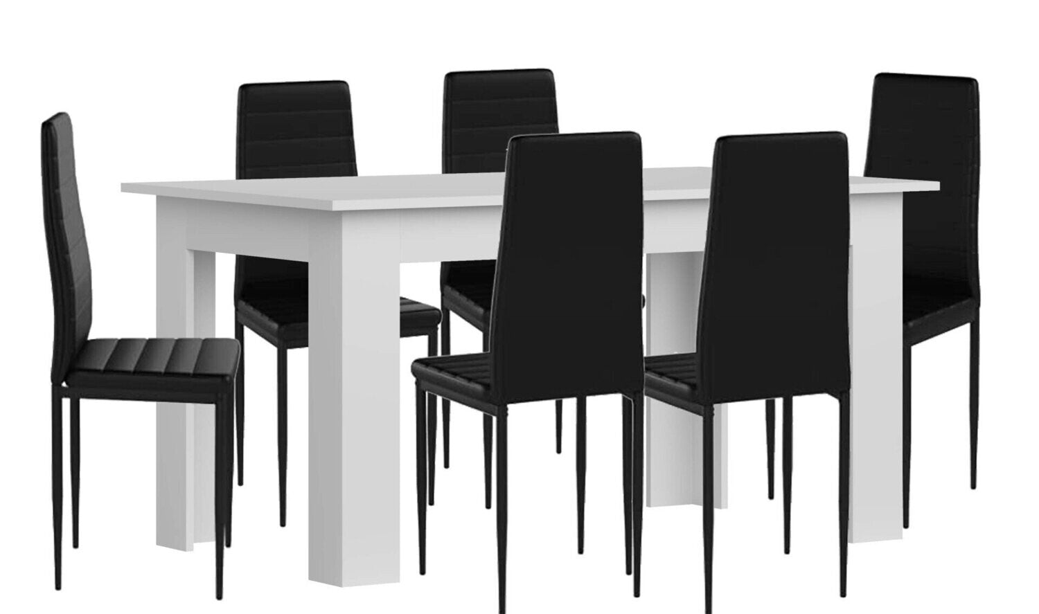 Pack mesa de comedor o cocina blanco + 6 sillas en polipiel/metal negro