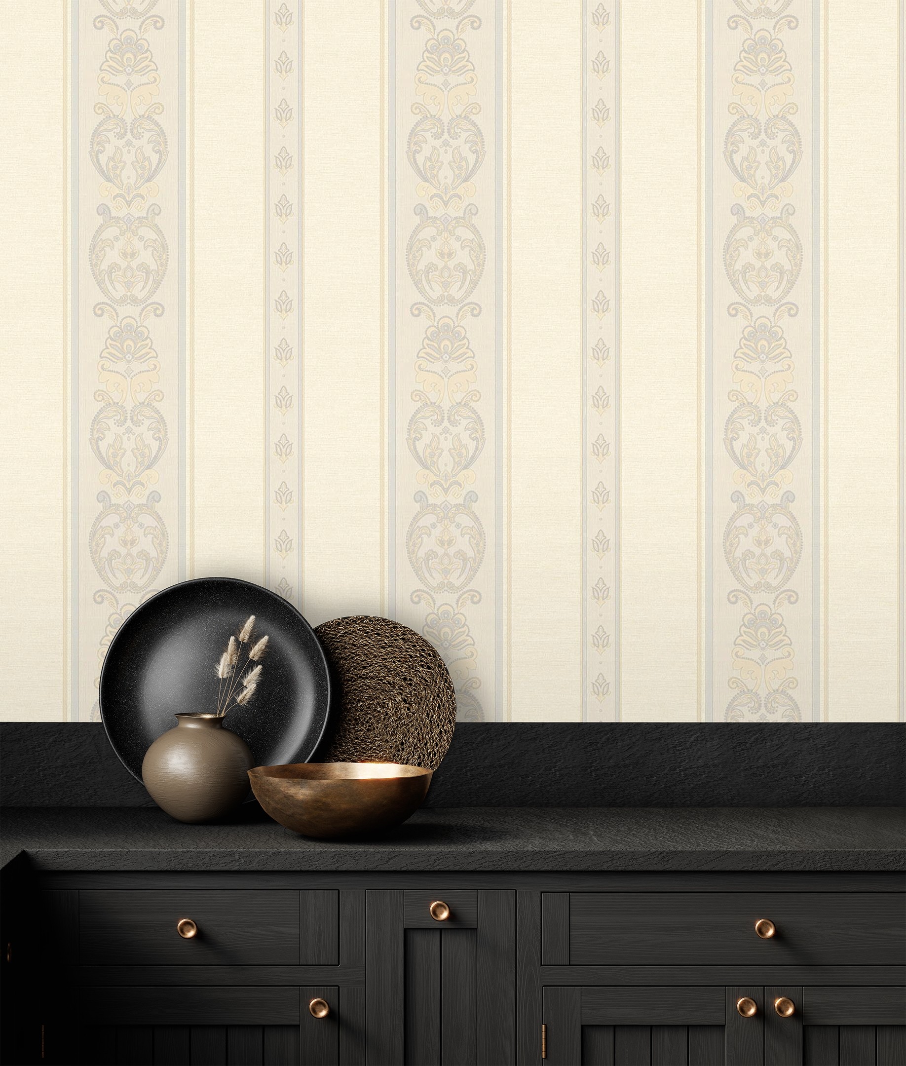 Papel pintado gaulan de rayas con cadenetas barrocas textura de 10.6m²