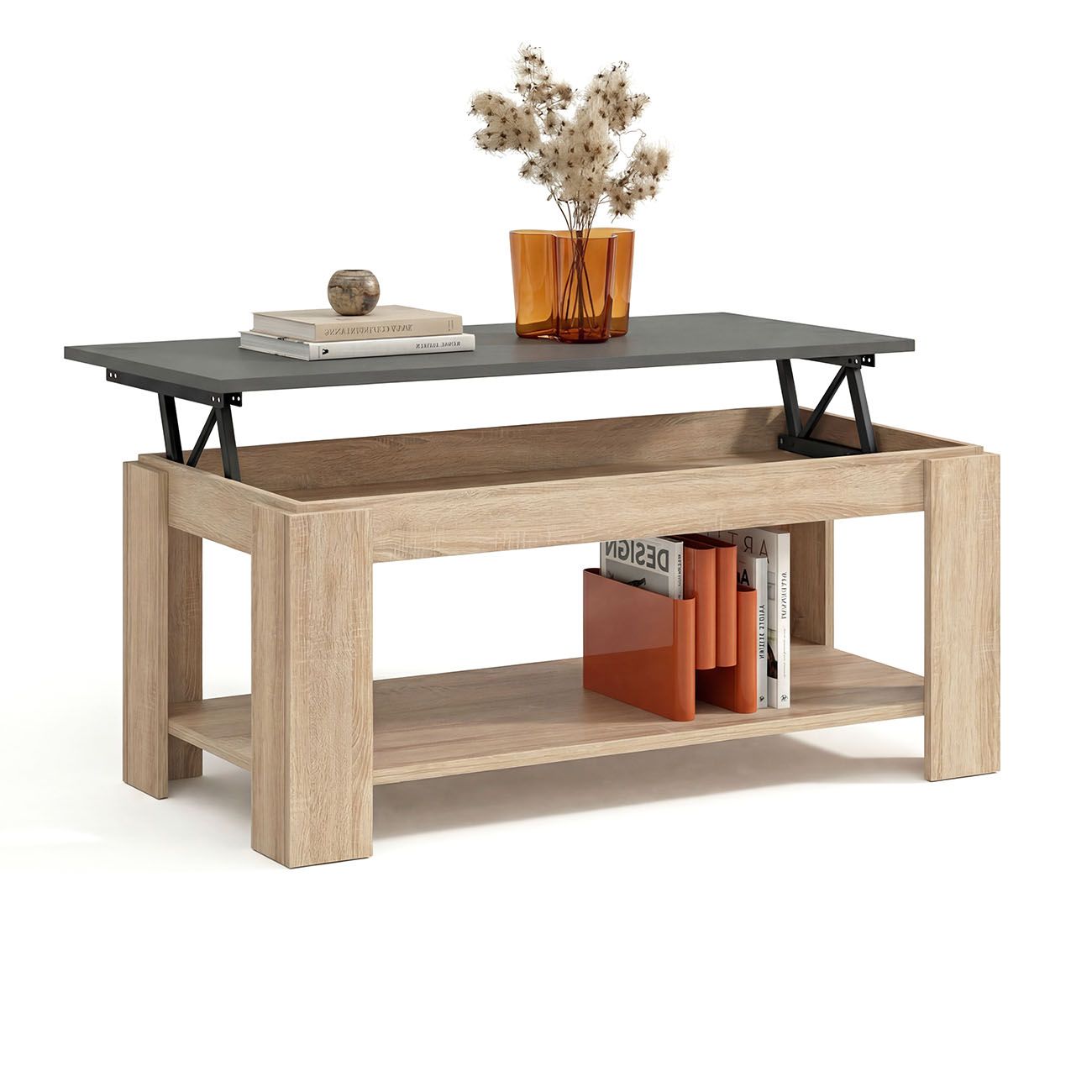 Mesa de centro elevable con almacenaje 102x43-54 cm lya roble - grafito