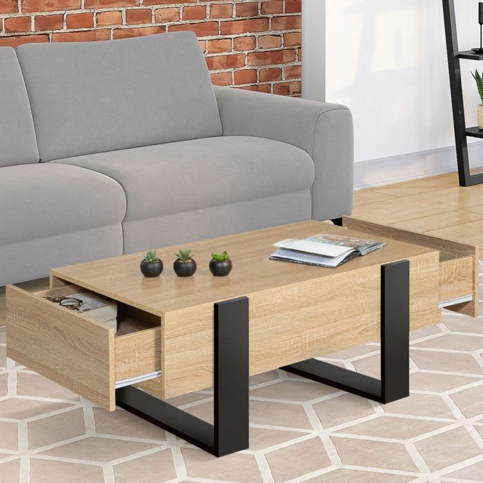 Mesa baja rectangular phoenix con cajones 100 cm de madera y negro