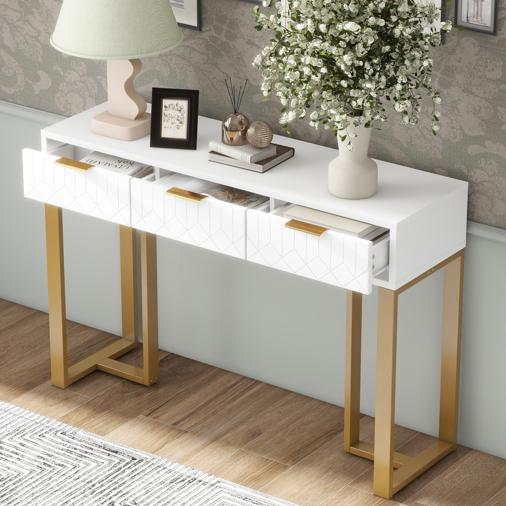 Mesa consola con 2 cajones mdf blanco y dorado para recibidor salón oficina