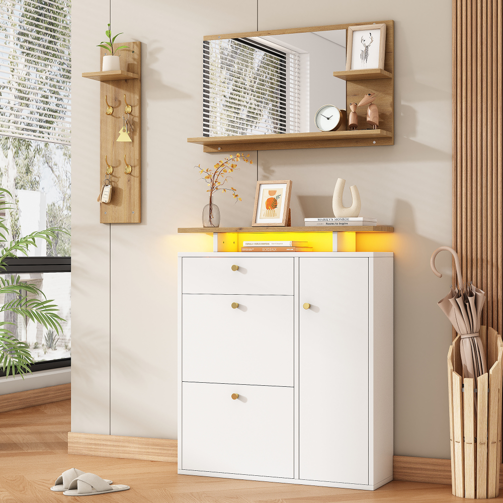 Mueble recibidor 3 piezas con espejo LED y zapatero blanco 151,5x105x25cm