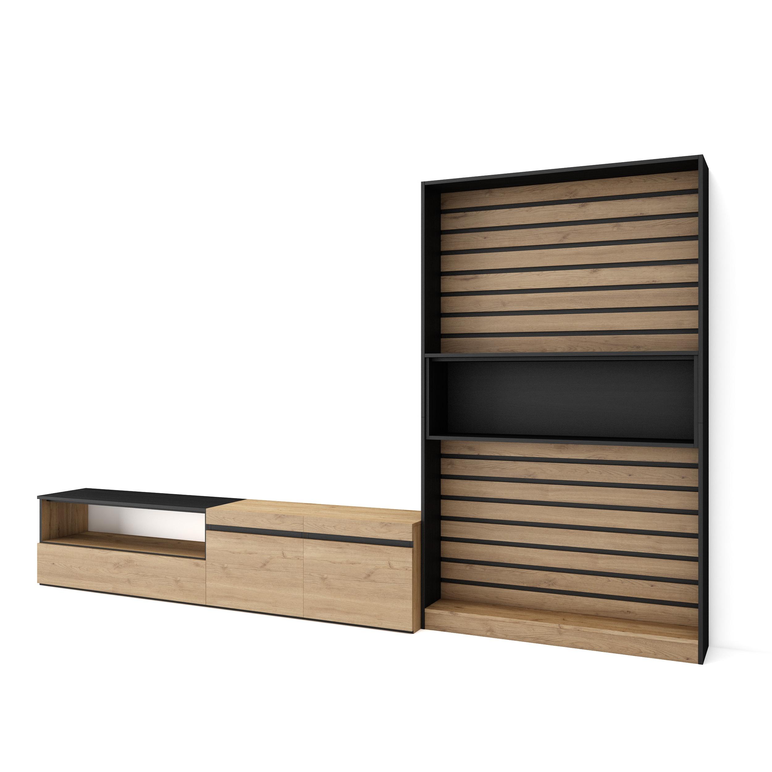 Muebles de salón para tv, 310x35x186cm, roble y negro rf2857