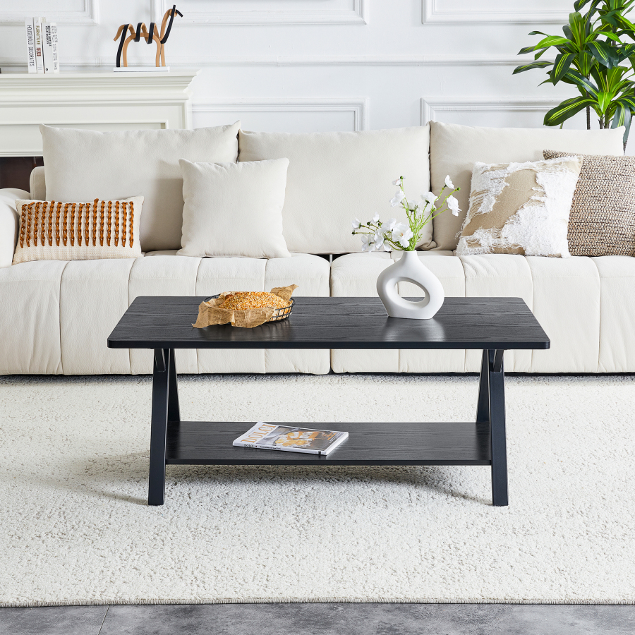 Mesa de centro con estante madera y metal negro 44,5x110x57cm