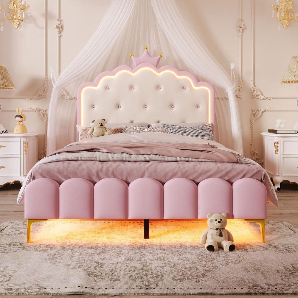 Cama princesa tapizada 140x200 cm, somier LED con mando, rosa