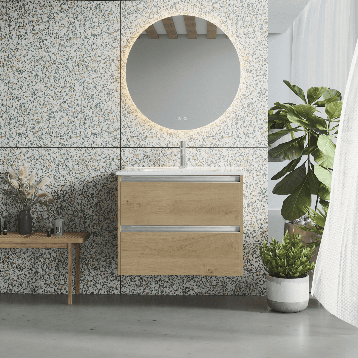 Mueble de baño con lavabo cerámico| 2 cajones | 80 cm roble tirador cromo