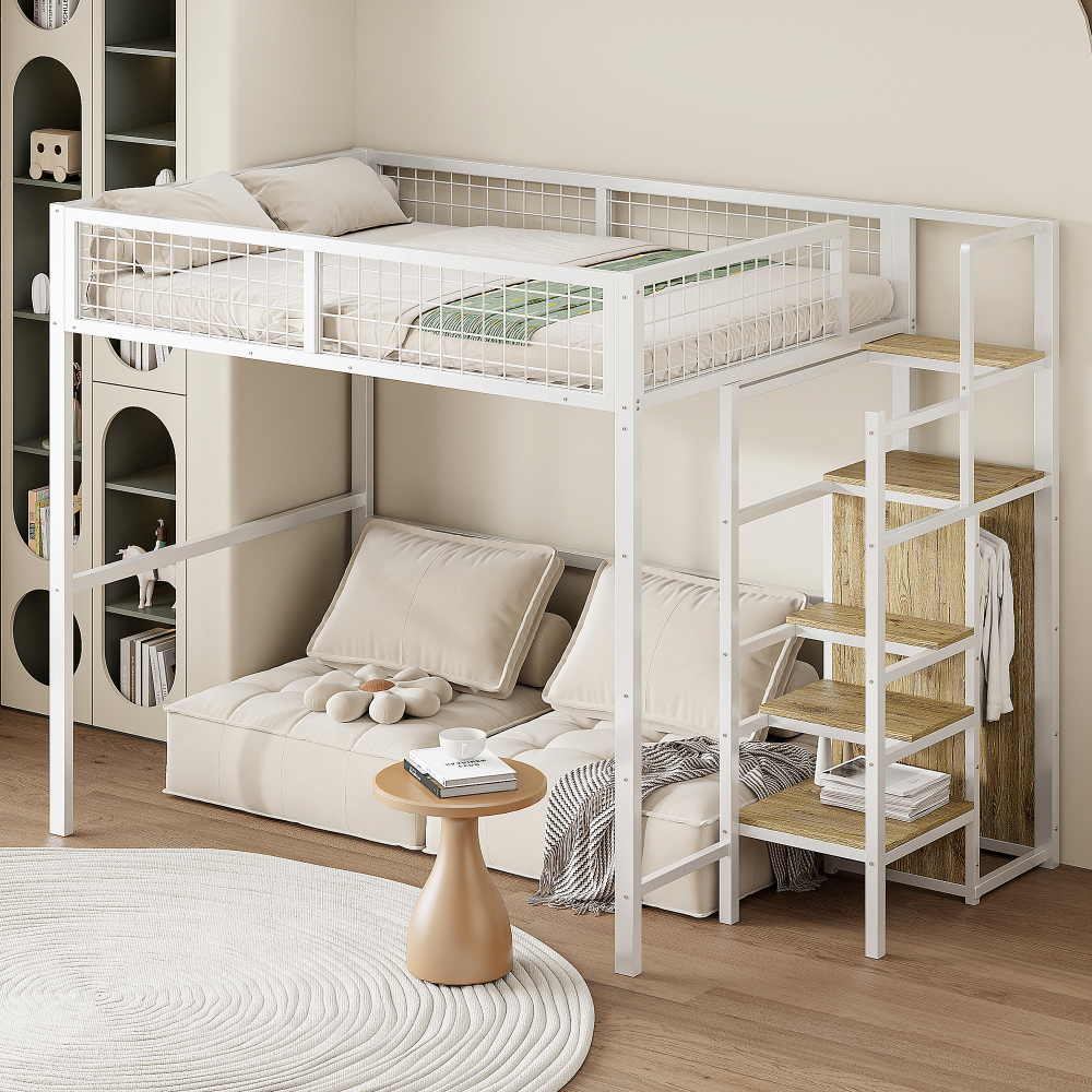 Cama alta juvenil 140x200cm con estantes y armario metal – blanco