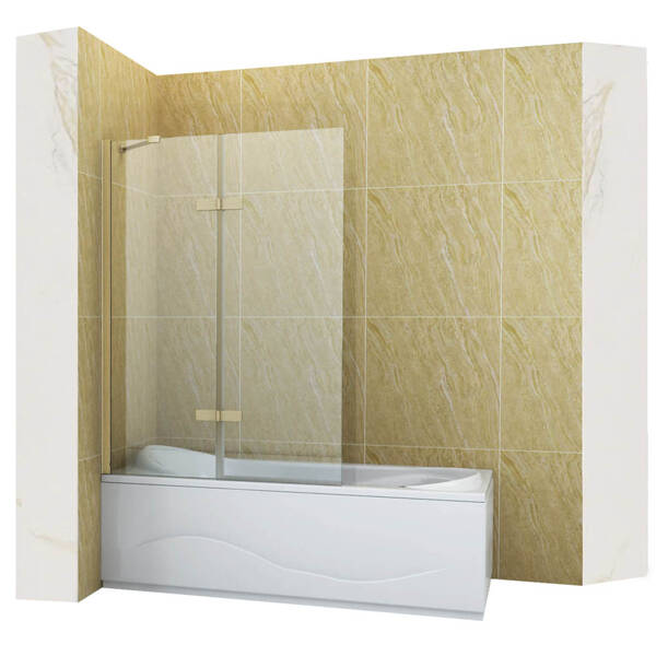 Mampara de bañera 2 hoja vidrio transparente, 120x150 cm, perfil dorado