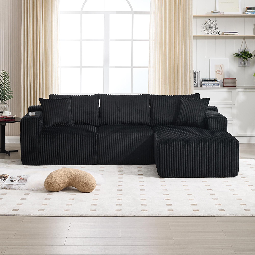 Sofá,komhtom,chaiselongue, 2 plazas, tejido cord y 5 cojines,negro