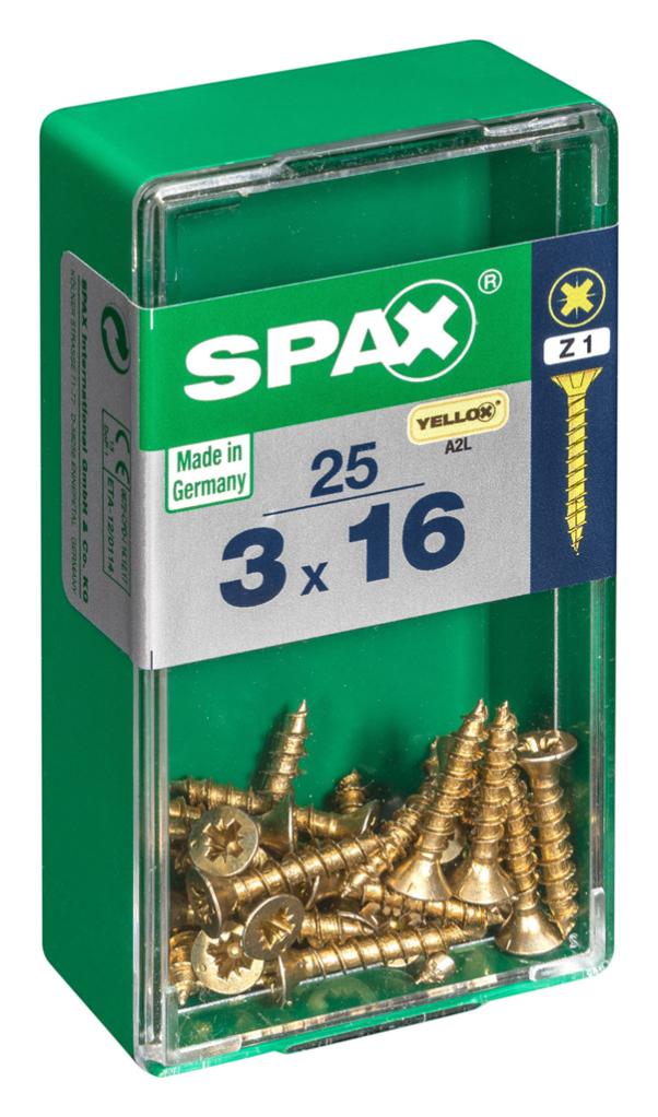 Caja 25 unid. Tornillo madera spax cabeza plana yellox 3,0x16mm
