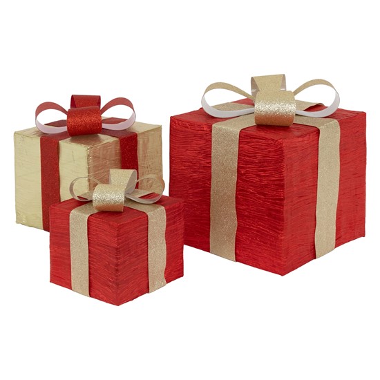 Set decorativo de 3 cajas de regalo con luces 90 LEDs rojo dorado