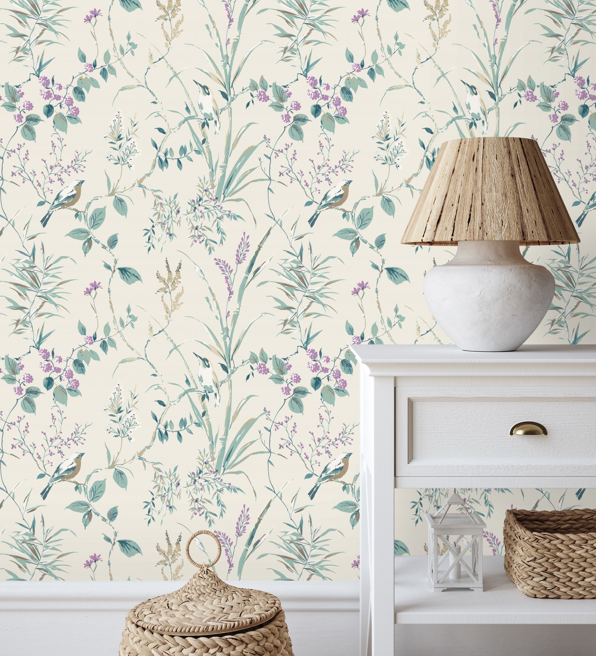 Papel pintado gaulan lavable de ramas flores y pájaros estilo 5.23m²