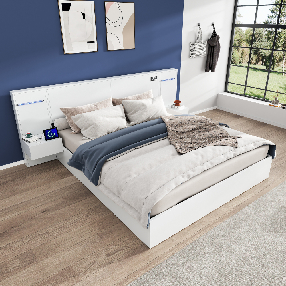 Cama doble 160x200cm usb, altavoz bluetooth, luz, mesitas, reloj mdf blanco