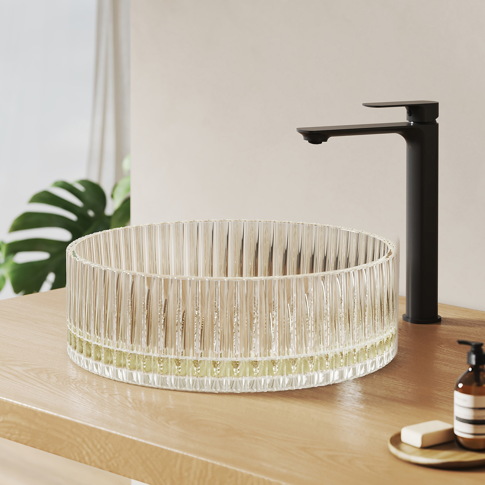 Emke lavabo redondo de encimera de vidrio templado 40x40cm, oro champán