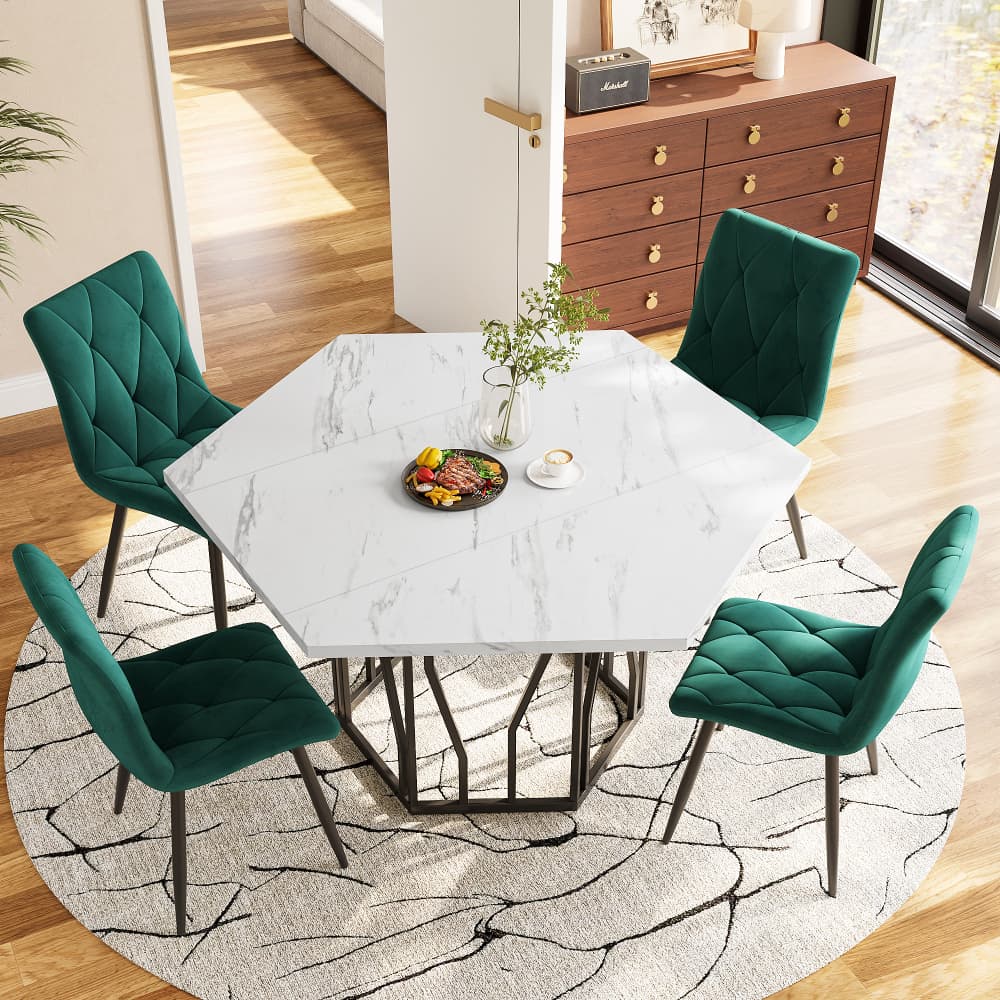 Mesa de comedor hexagonal mdf efecto mármol blanco negro 75x115,5x100cm
