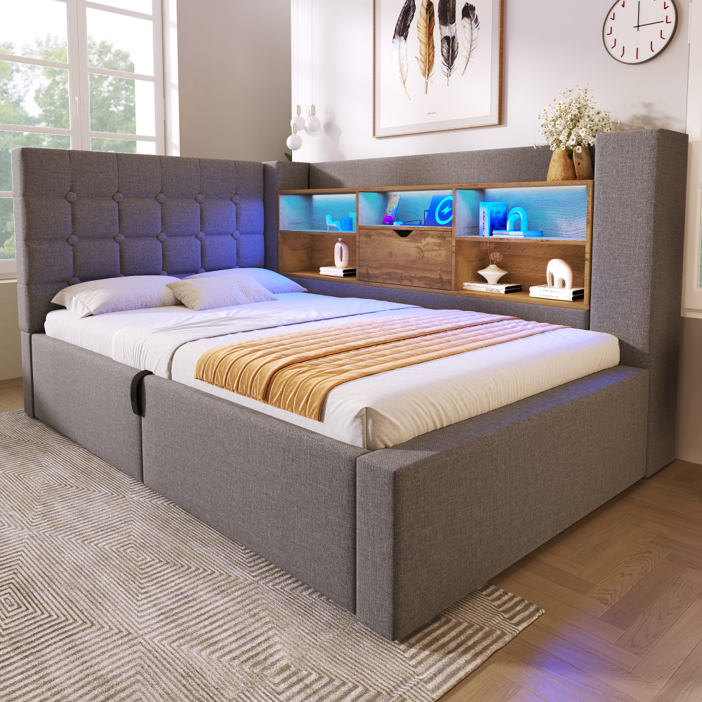 Cama tapizada 90x190cm con LED, carga usb y almacenaje lino – color gris