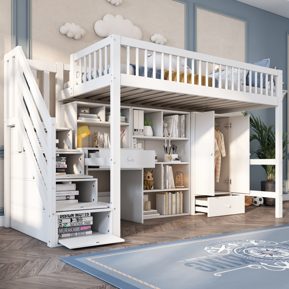 Cama alta 90x200cm con escritorio, escalera y armario madera maciza blanco