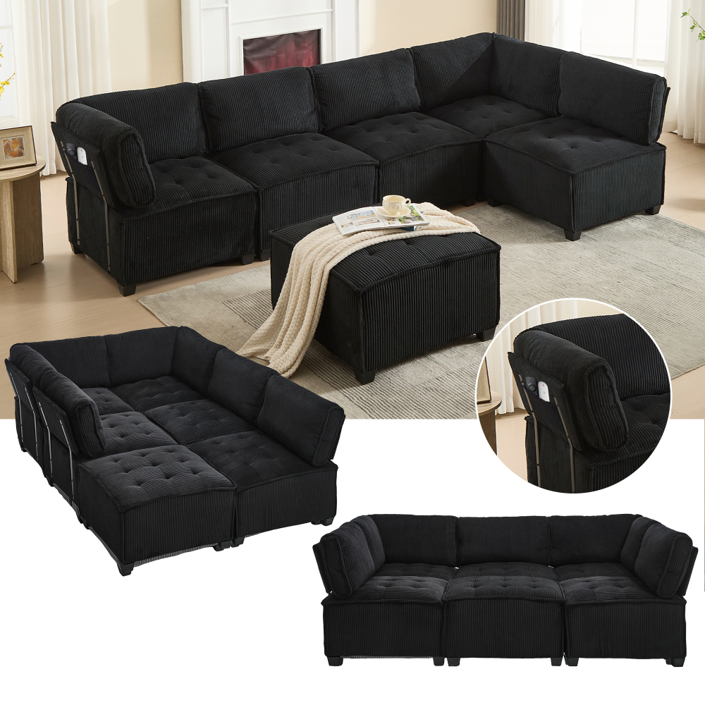 Sofá modular en u/l pana negro 6 plazas con bolsillos y función cama
