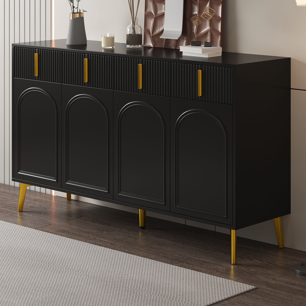 Aparador para salón y comedor 4 puertas 4 cajones negro 82x140x38cm