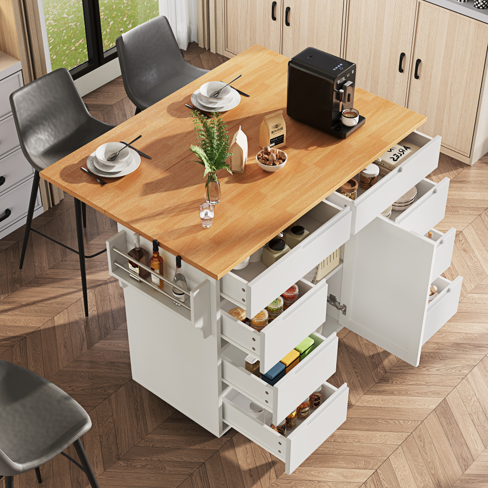 Isla de cocina con 8 cajones y mesa abatible blanca 91,5x122x46cm