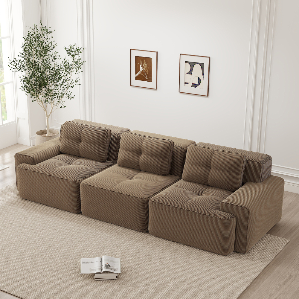 Sofá modular de pana marrón 3 plazas con asiento profundo sin montaje