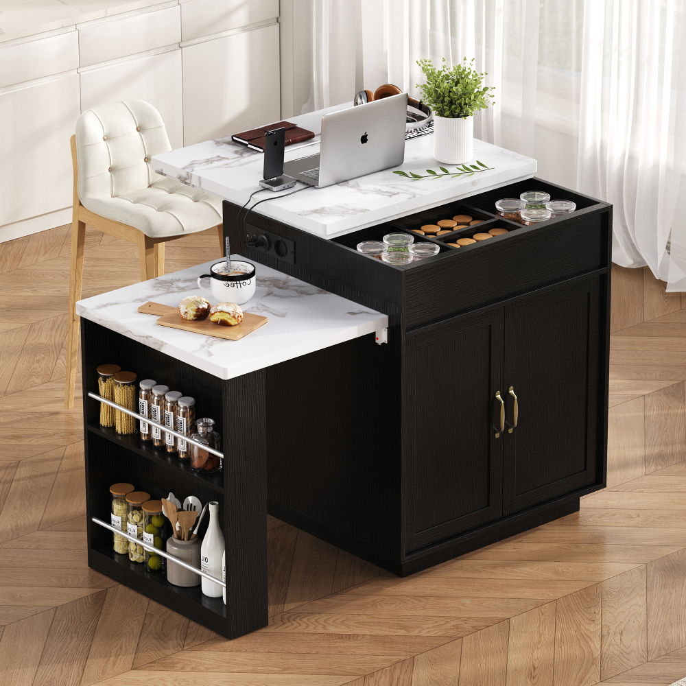 Isla de cocina con mesa extensible LED mdf negro 93x125,5-187,5x71cm