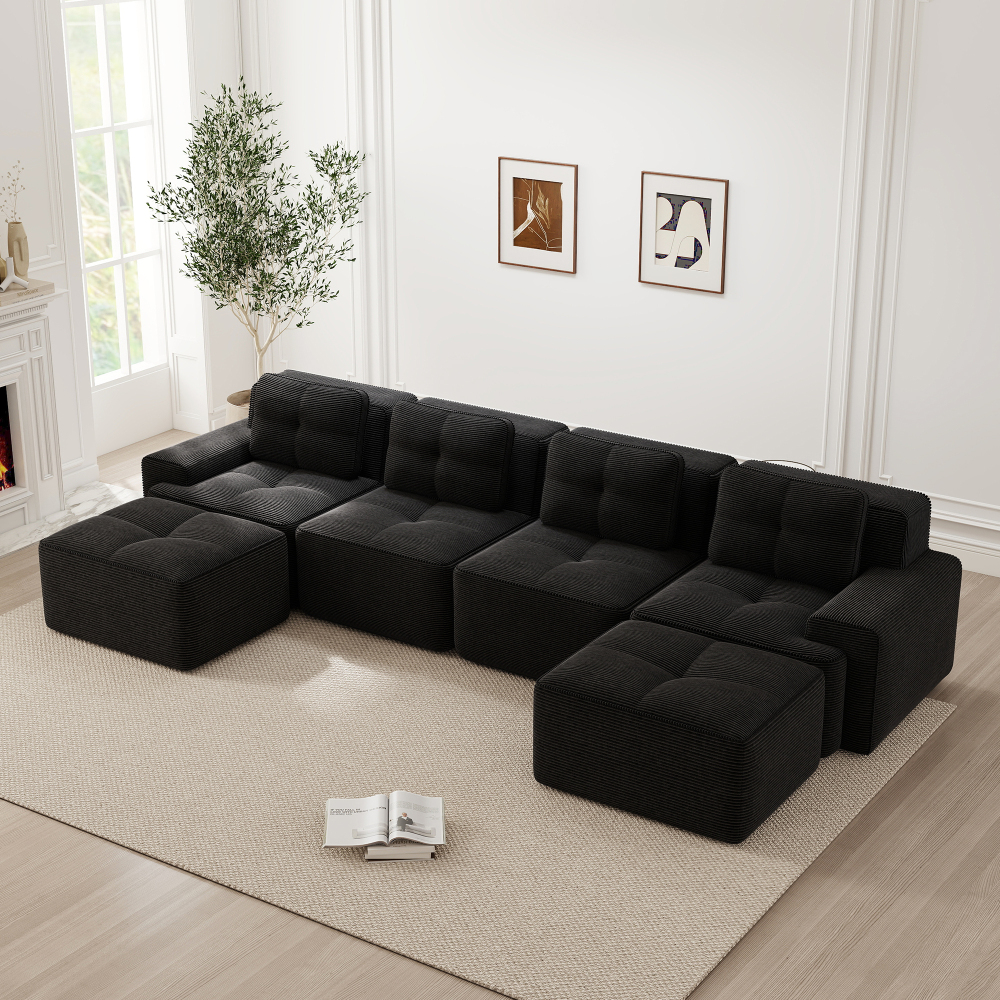 Sofá modular en u pana negro 4 plazas asiento profundo sin montaje