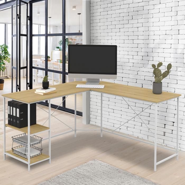 Escritorio esquinero industrial - madera y metal blanco - 147 cm