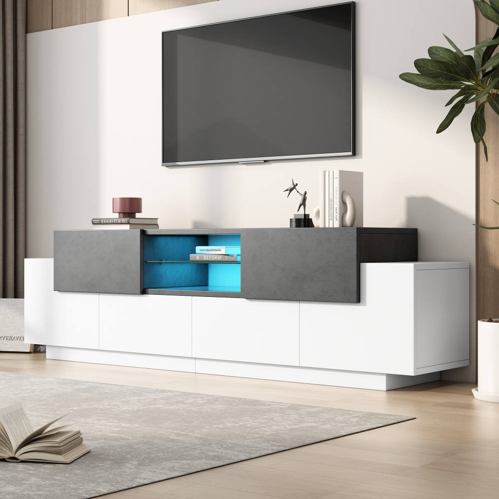 Mueble de tv con LED y 2 cajones 4 puertas blanco gris 45x180x40cm