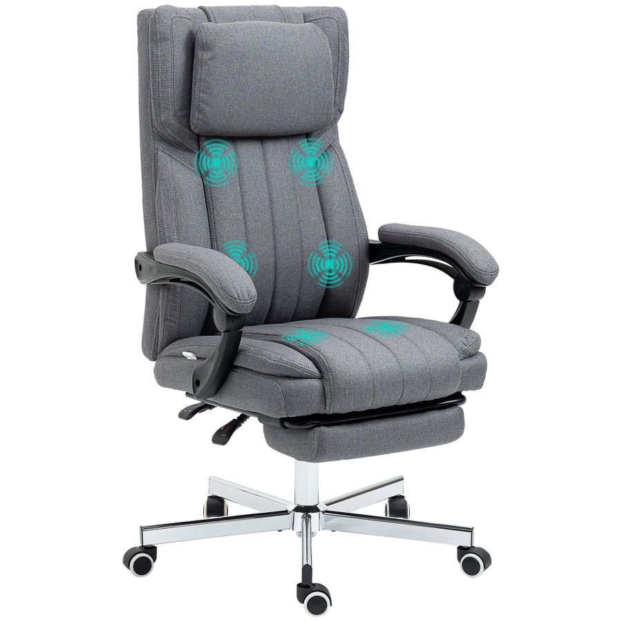 Silla de oficina ergonómica gris con masaje reclinable y reposapiés