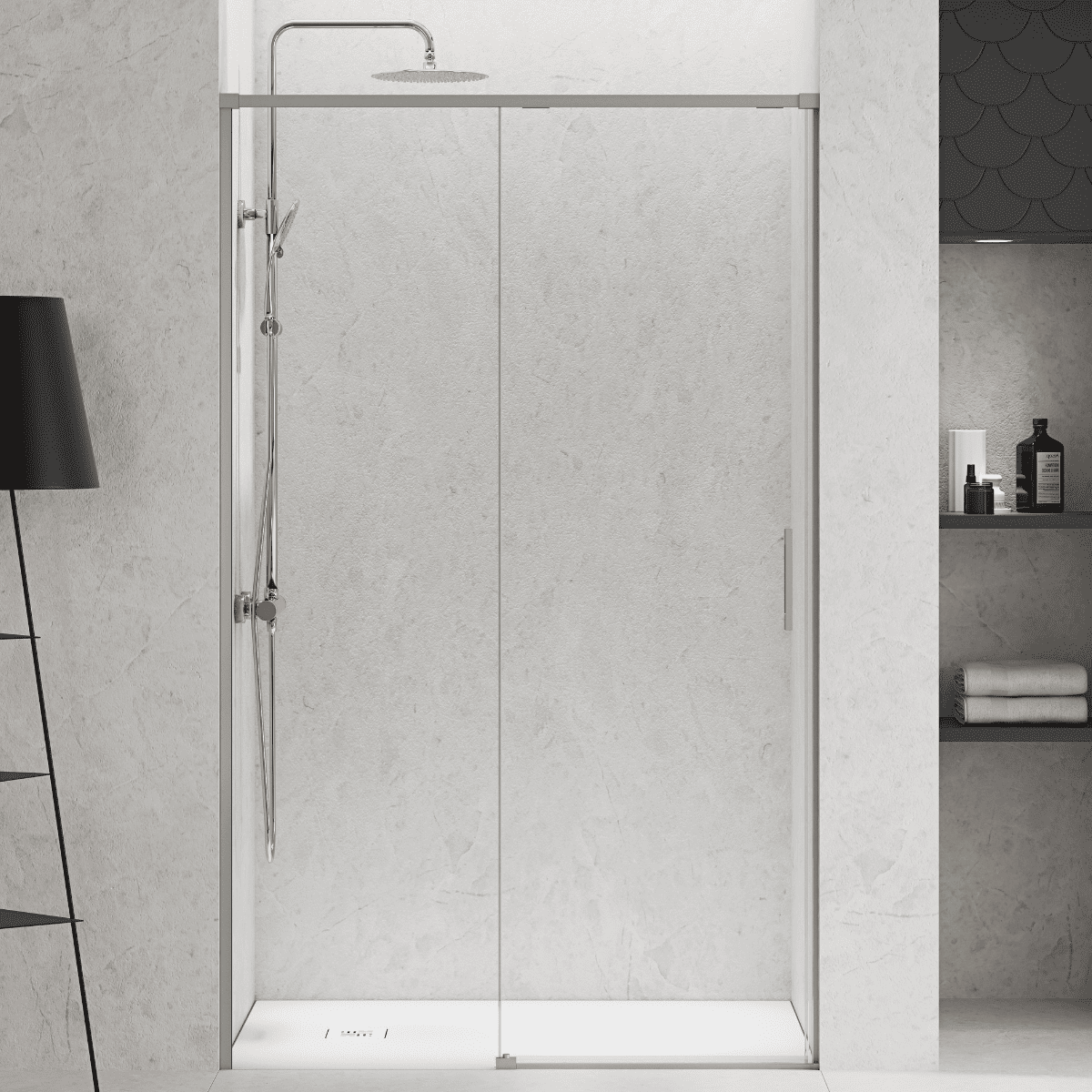 Mampara ducha frontal 1 puerta 1 fijo corredera| acero cepillado 120 cm