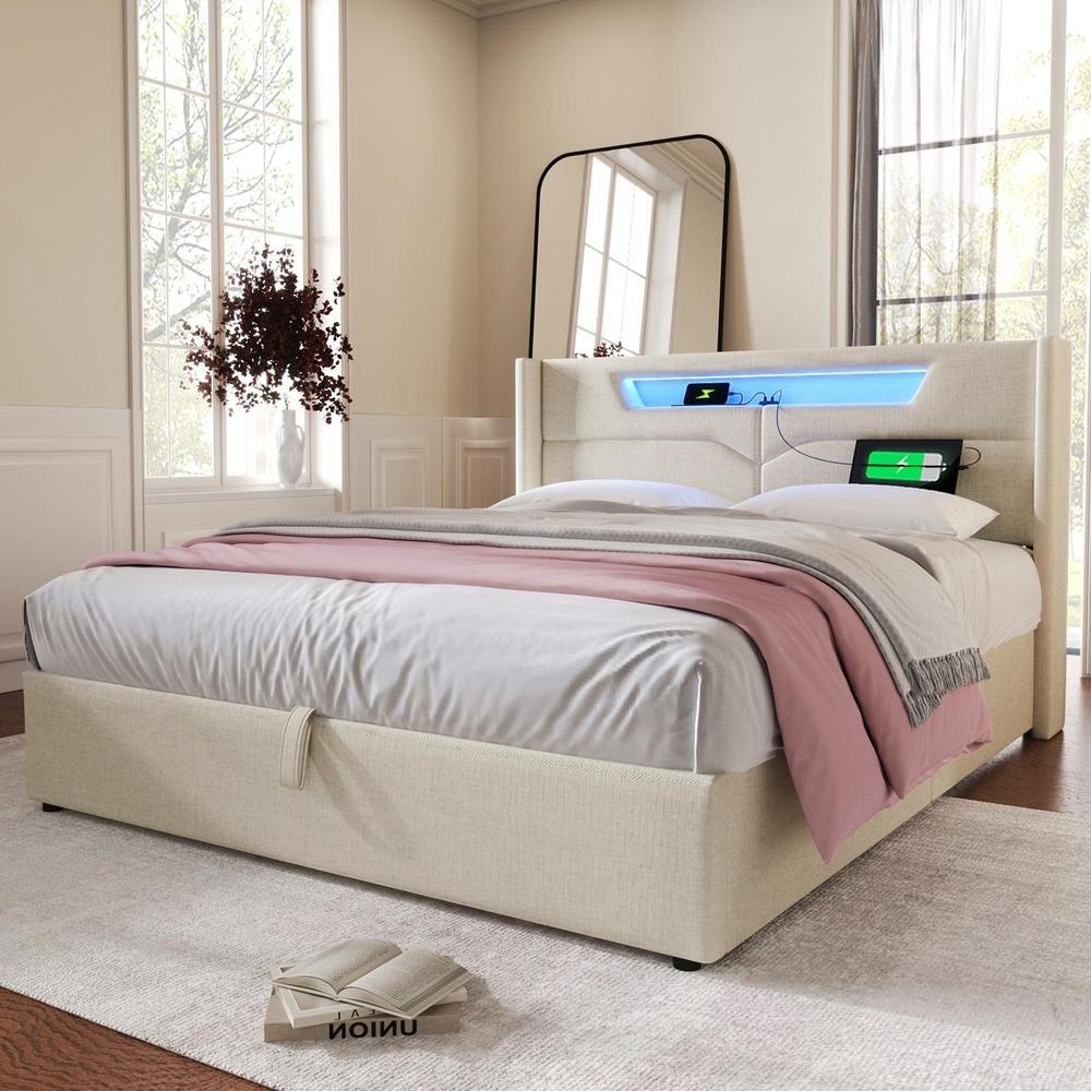 Cama doble 160x200 cm con LED usb-c, arcón y cabecero acolchado beige