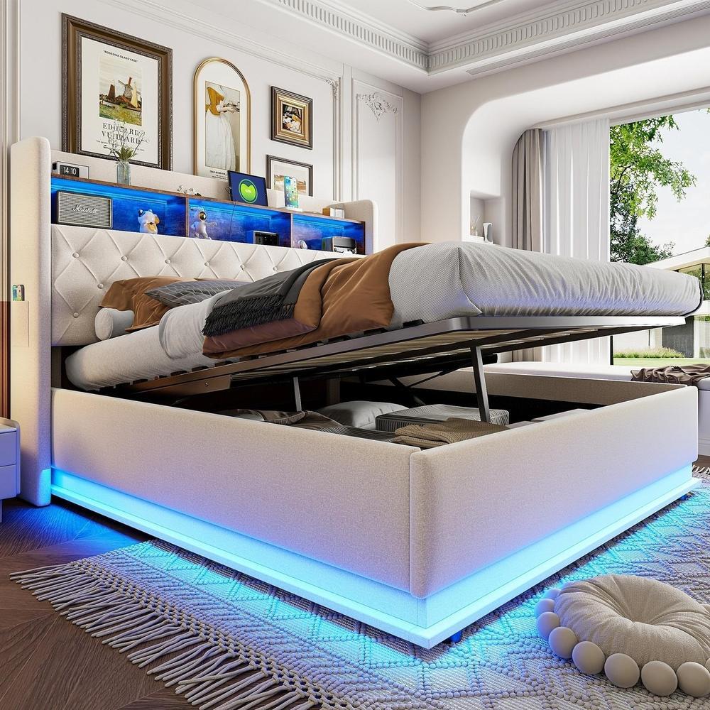 Cama doble 180x200cm con LED, almacenaje hidráulico, usb beige