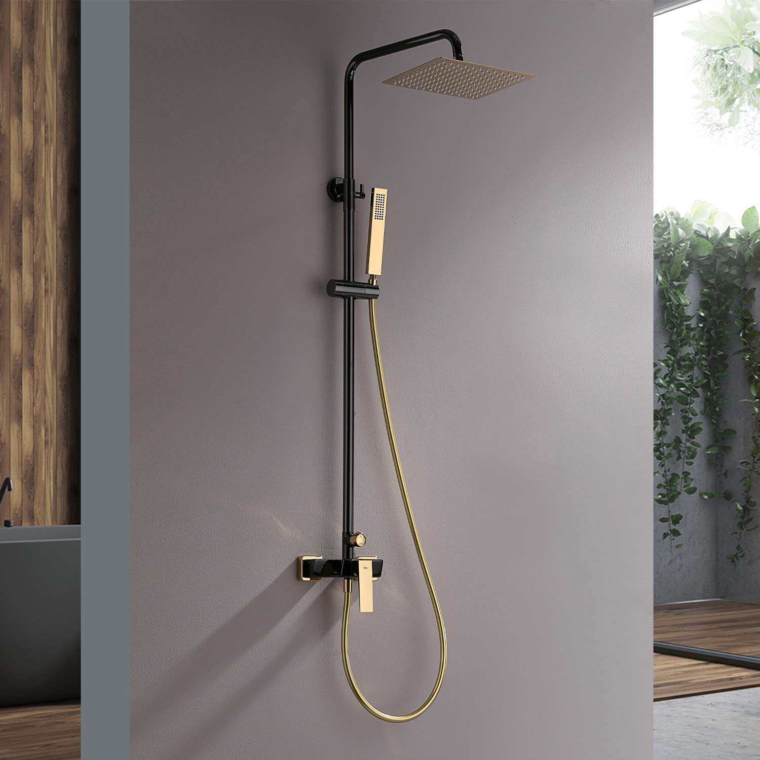 Columna de ducha monomando sky bath negro cristal y oro serie infinite