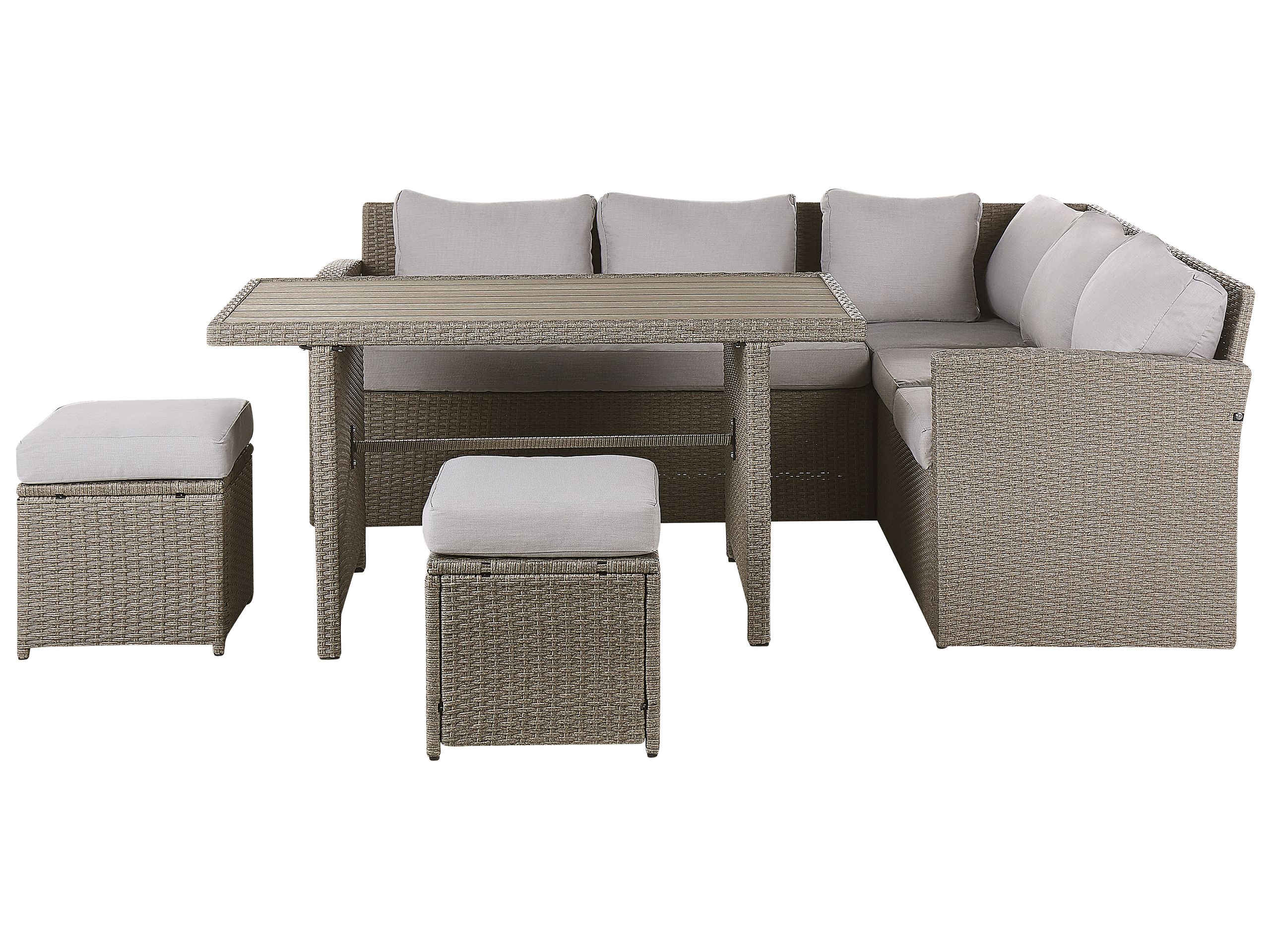 Conjunto de jardín con mesa y otomana 5 plazas bardi con cojines gris pardo