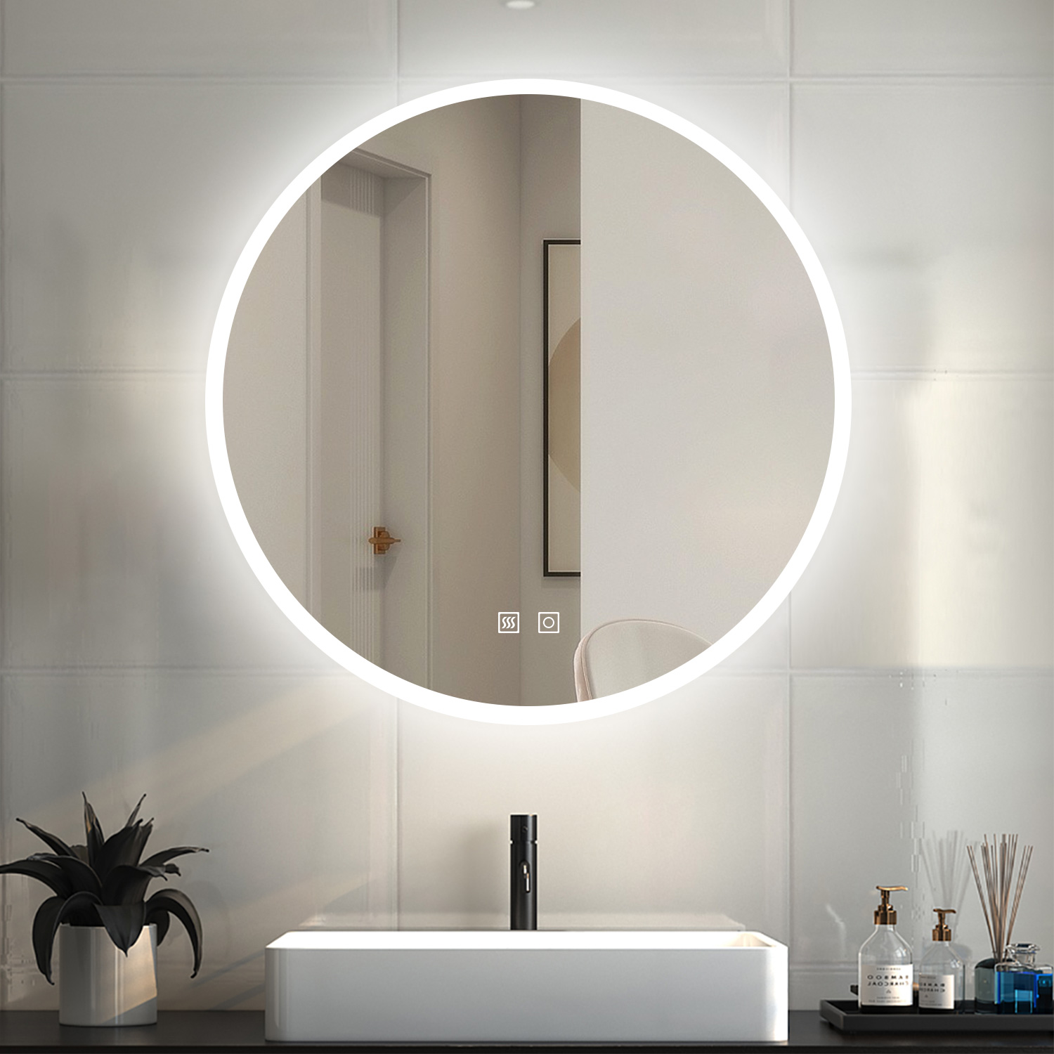 Espejo redondo de baño LED 70cm + antivaho + brillo ajustable