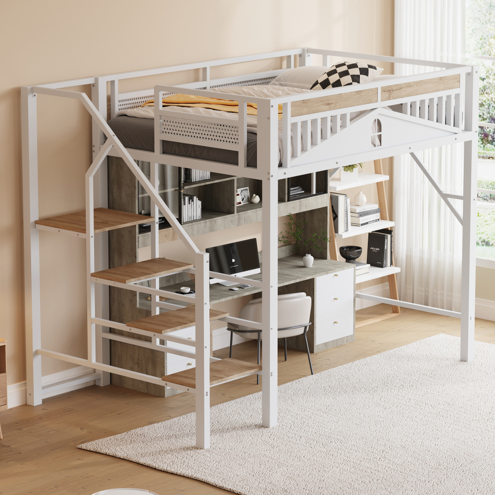Cama alta metálica 140x200cm con barandilla, escalera y almacenaje – blanco