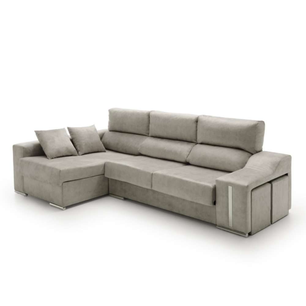 Sofa chaise longue reclinable y deslizante con puffs serena gris izquierda