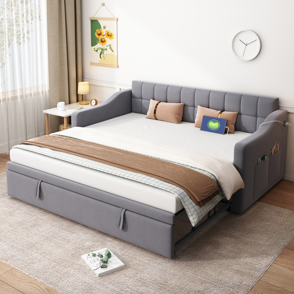 Cama nido tapizado 90/180x190cm con usb y bolsillo terciopelo gris