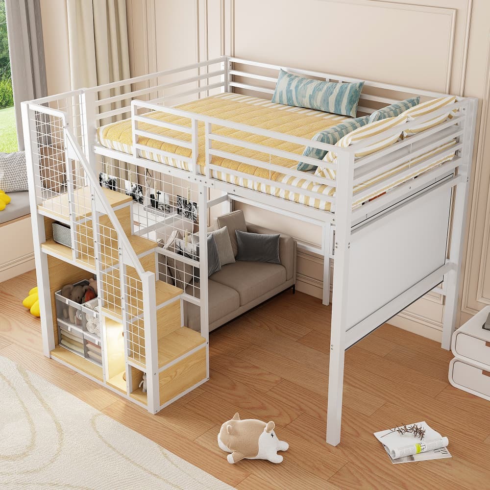 Cama alta 140x200 cm con escalera y almacenaje metal – color blanco