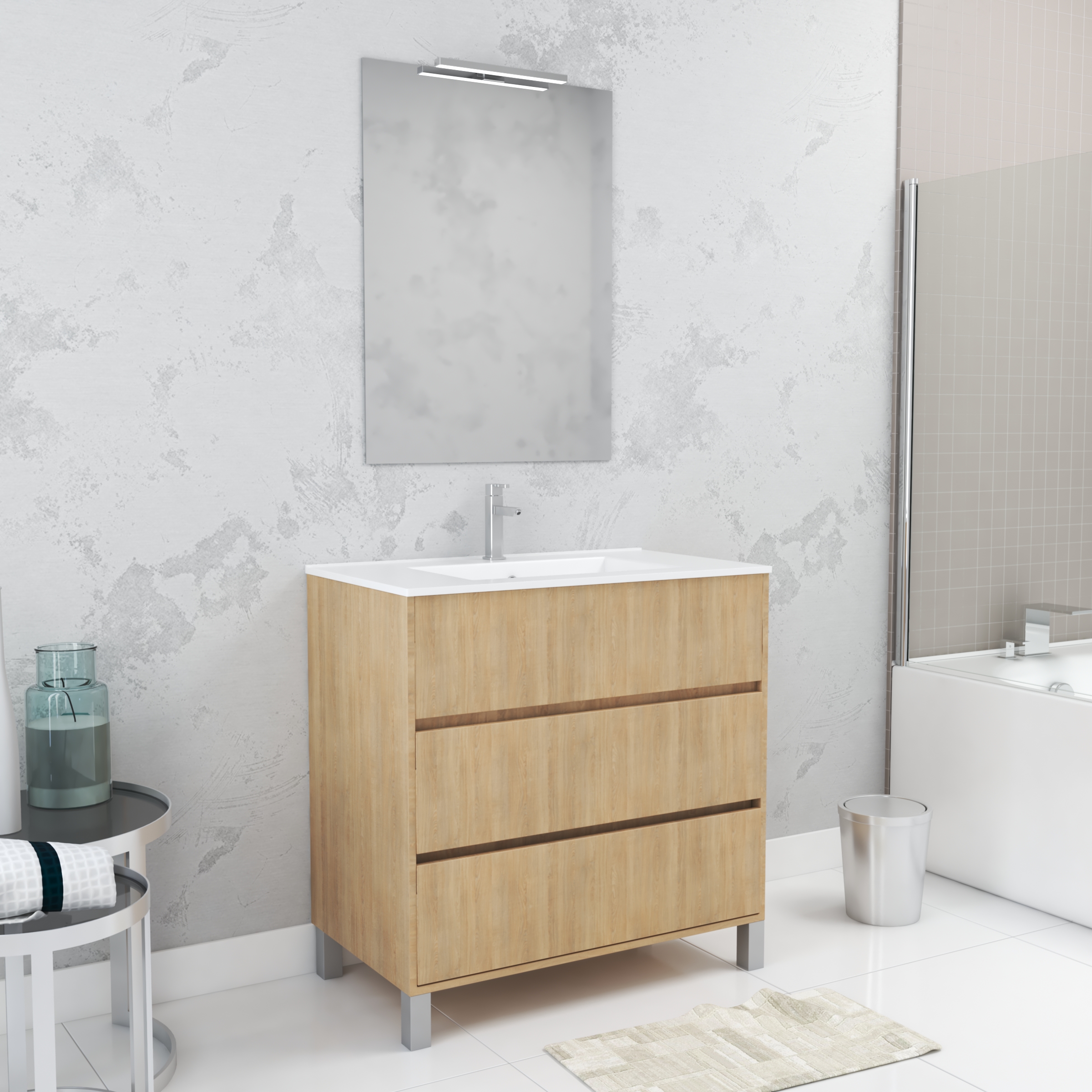 Mueble baño 80cm roble 3 cajones + lavabo + espejo + aplique LED
