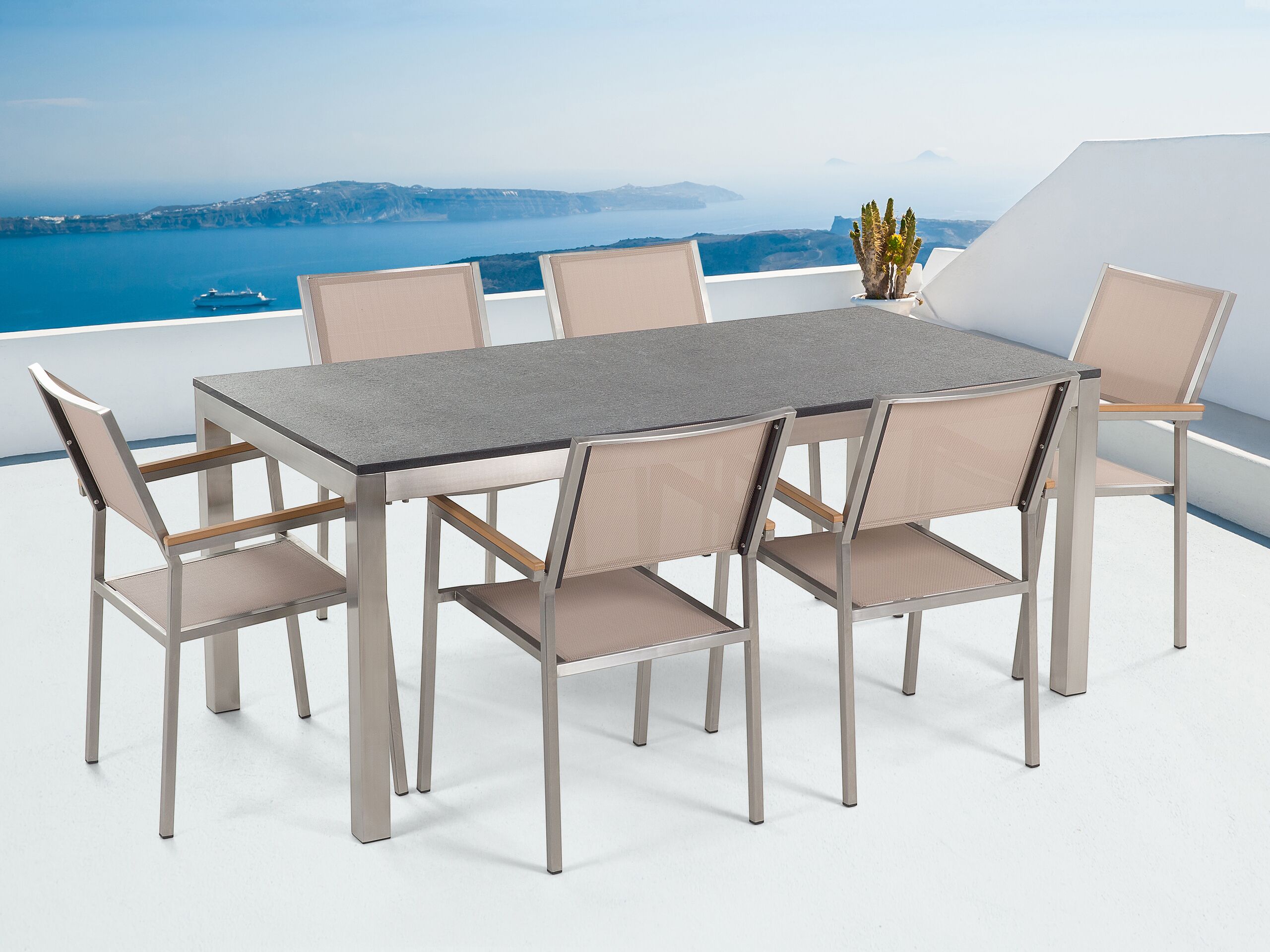 Conjunto de comedor exterior 6 plazas grosseto granito flameado negro/beige