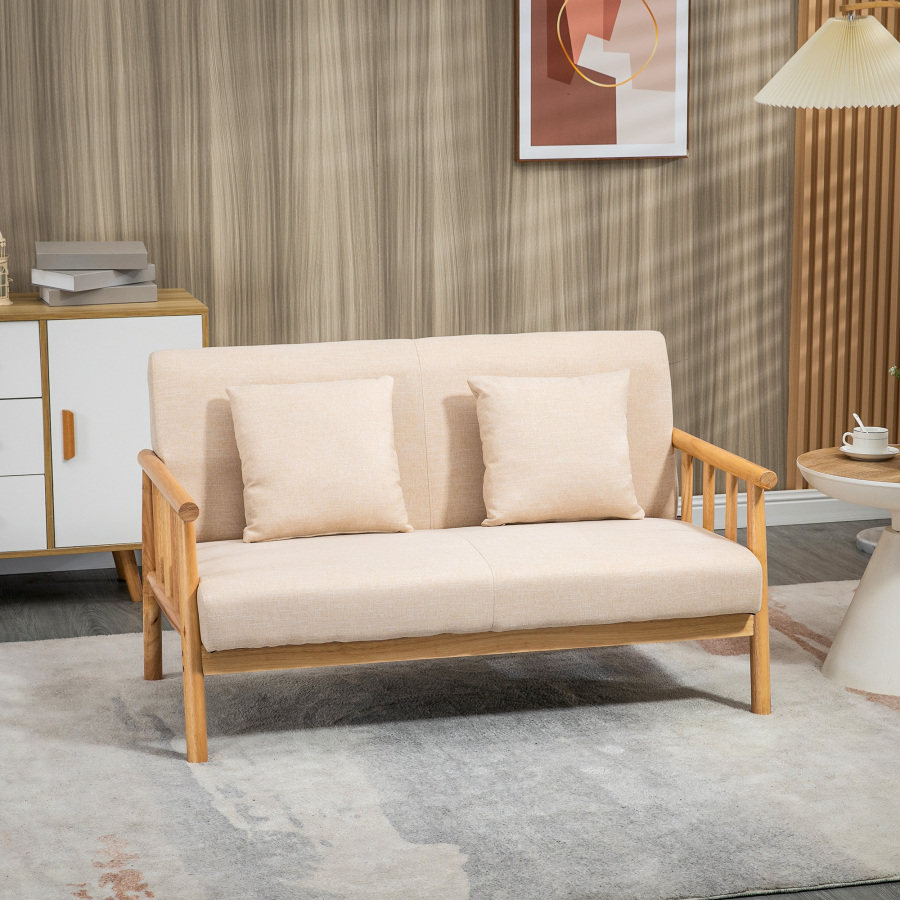 Sofá de 2 plazas lino beige con estructura de madera y cojines