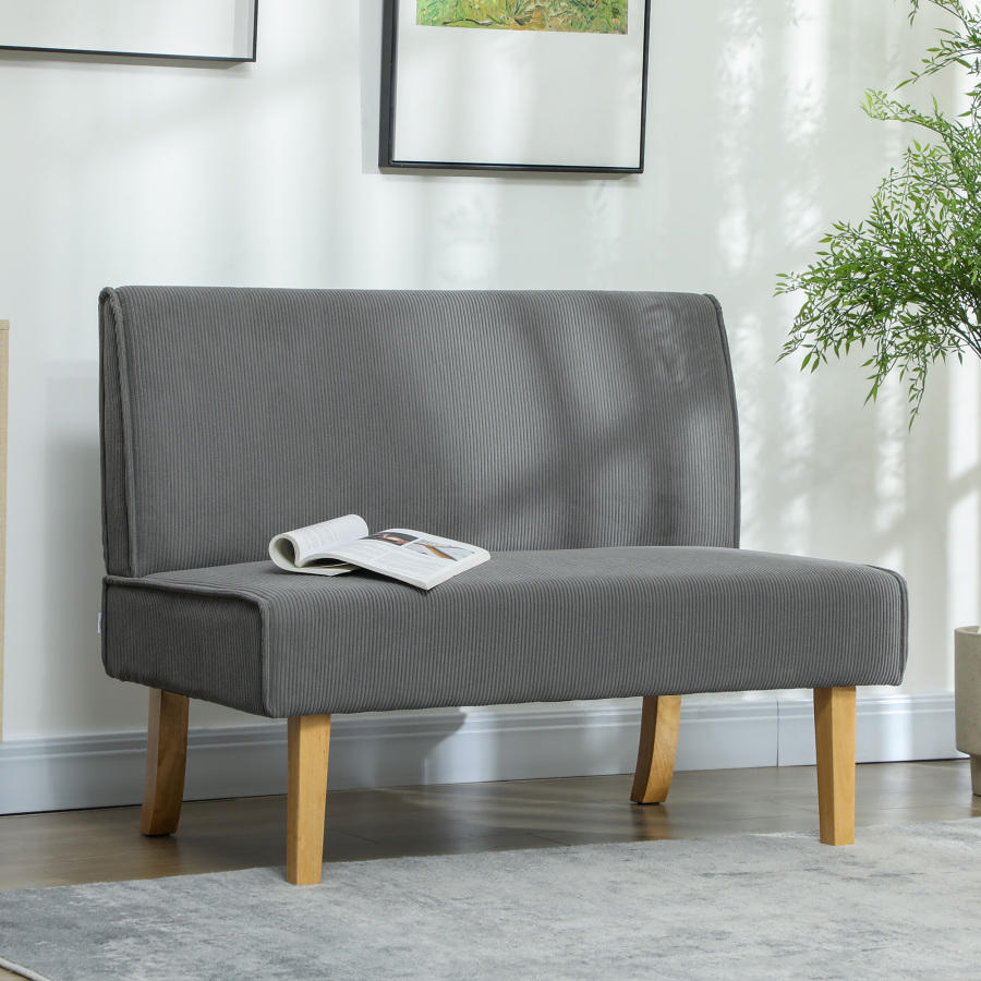 Sofá 2 plazas gris poliéster patas madera salón dormitorio