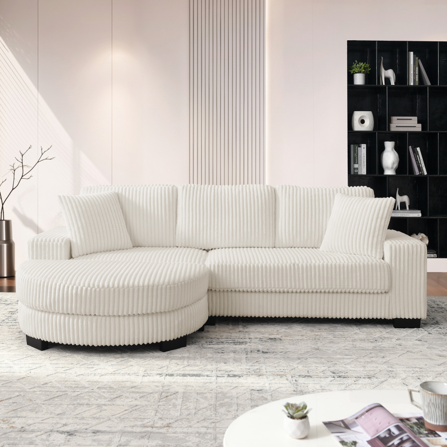 Sofá en l modular de pana beige 4 plazas con otomana ovalada y 2 cojines
